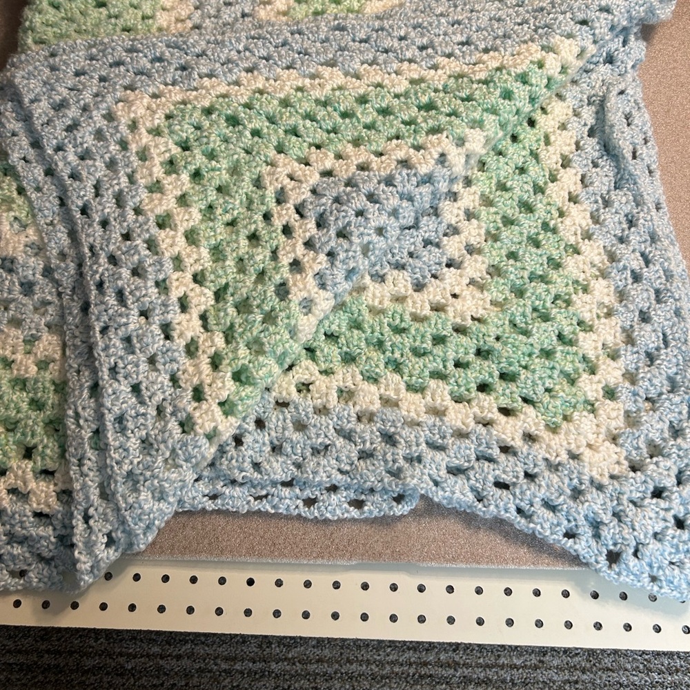 Handmade Crochet Baby Blanket - Blue, Green, and White VERY SOFT